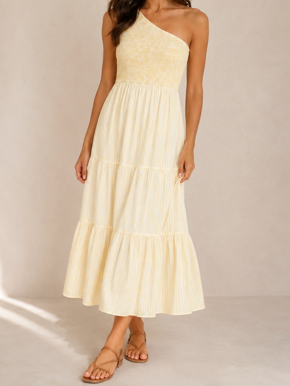 One-Shoulder Yellow Women's Tiered Dress